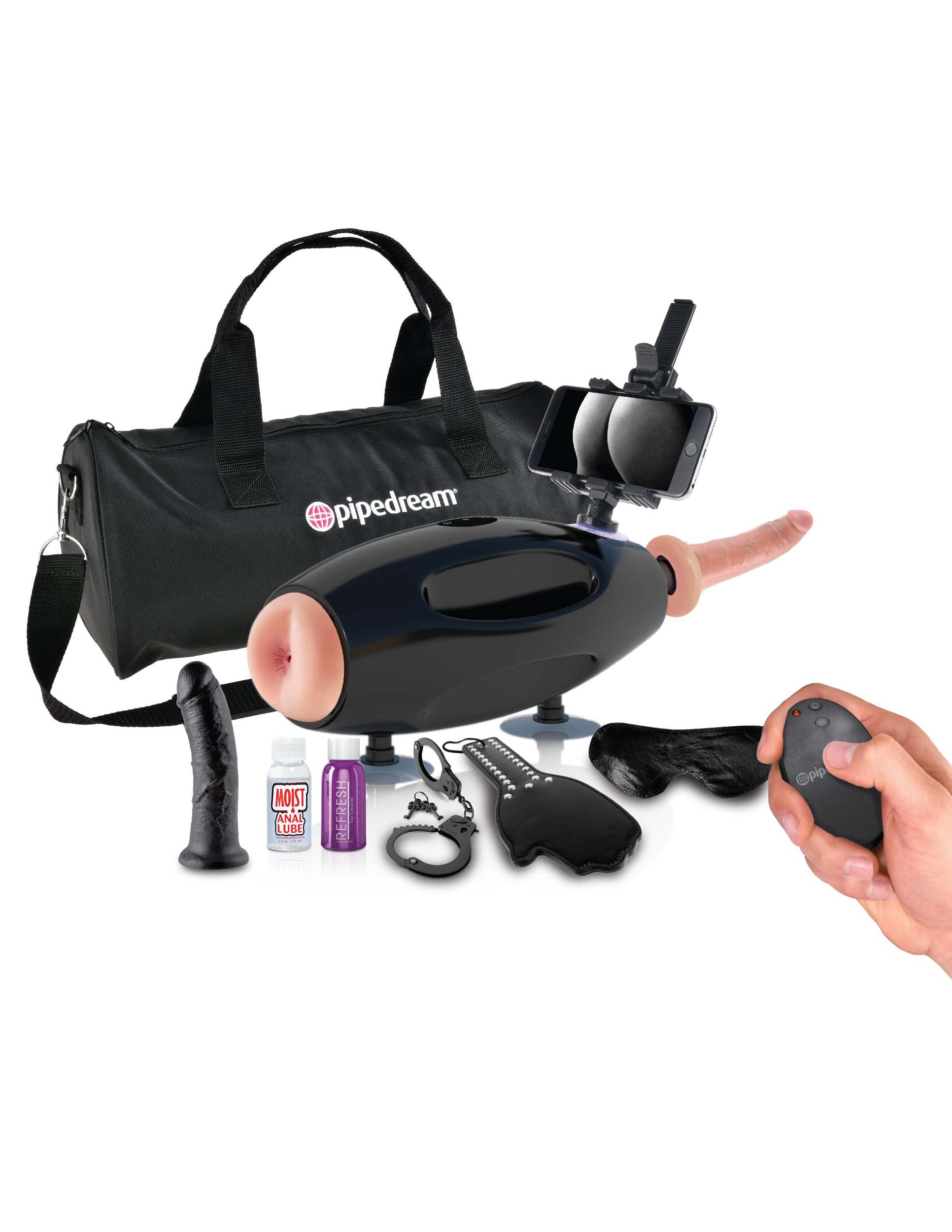 Fetish Fantasy Extreme International sex machine with remote control, multiple attachments, lubricant, and carrying bag for travel pleasure.
