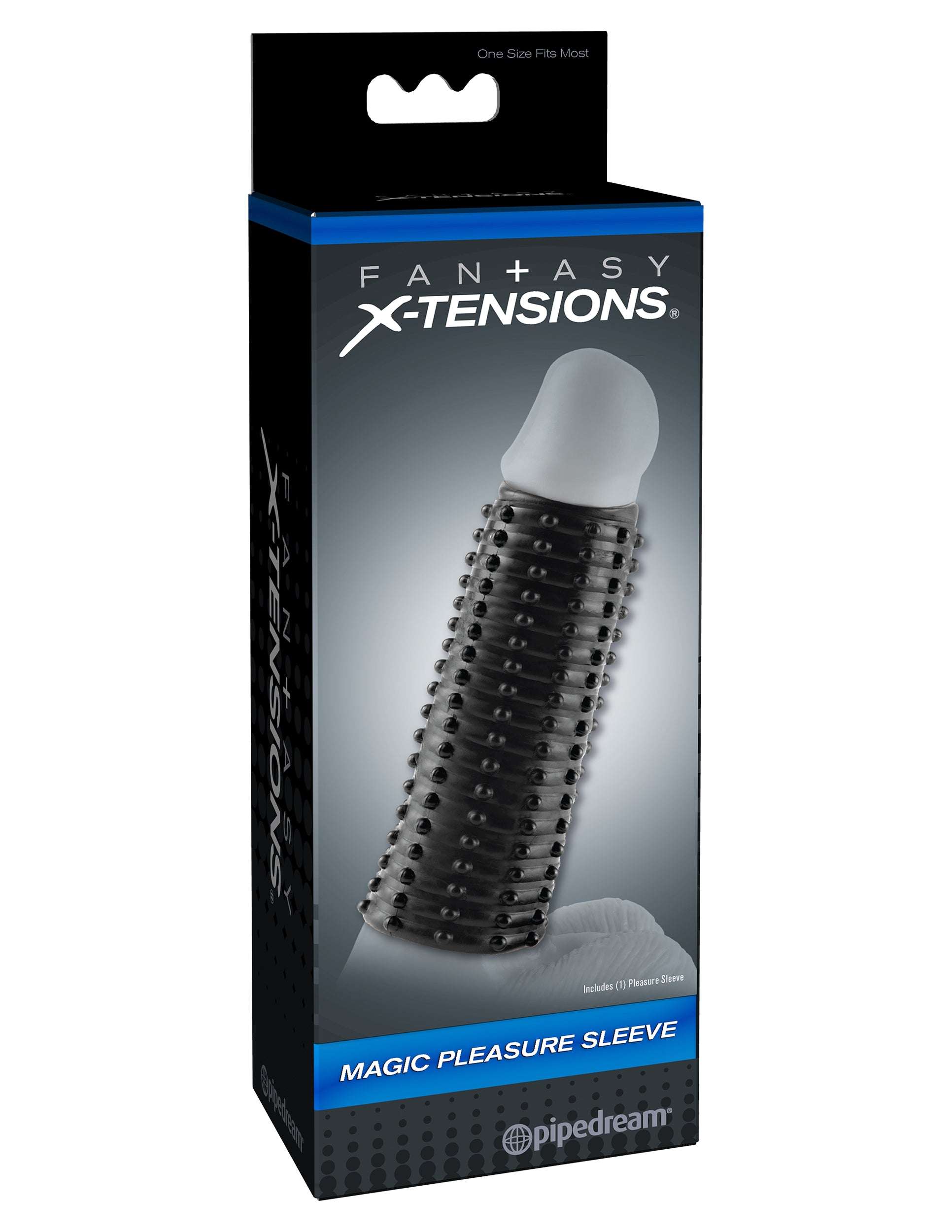 Fantasy X-Tensions Magic Pleasure Sleeve packaging showing a textured black enhancement sleeve with tickler nubs for added stimulation