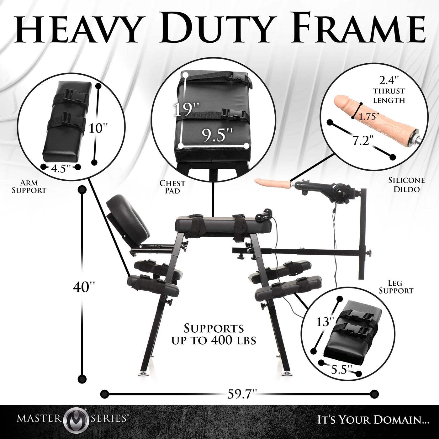 Heavy-duty obedience bench with adjustable sex machine, black vegan leather, supports 400 lbs, includes silicone dildo, adjustable pads and buckles for secure intimate play.
