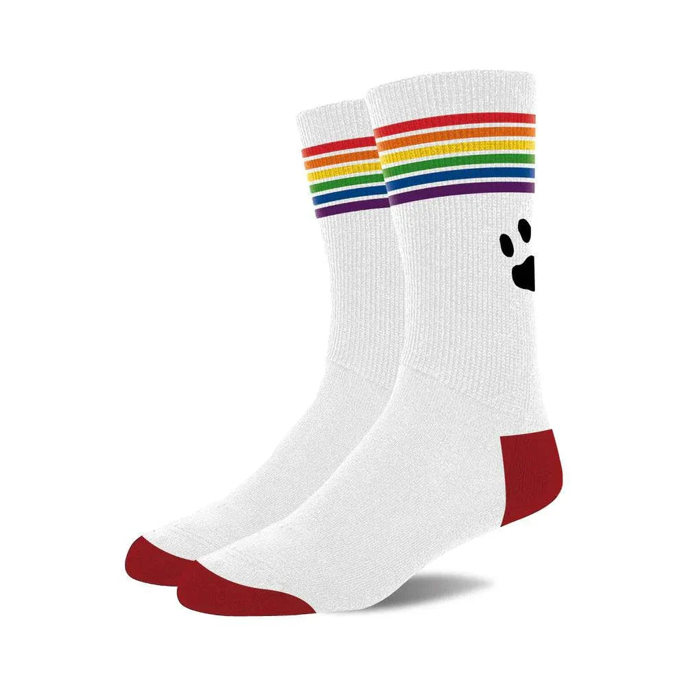White Prowler Pride Socks with rainbow band and black paw print logo, moisture-wicking and comfortable design