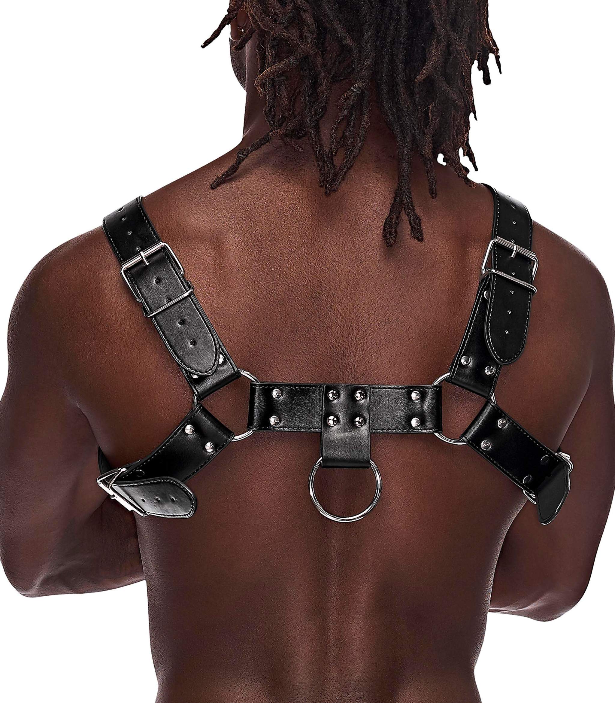 Aries Leather Harness in black PU leather, featuring adjustable metal buckles and decorative studding for versatile styling.