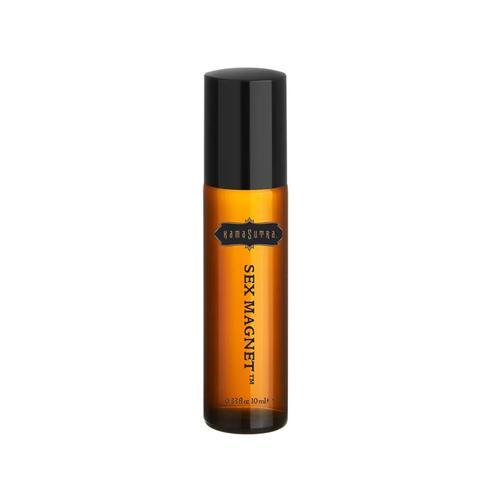 Amber roll-on bottle of Leather Sex Magnet pheromone fragrance oil with black cap