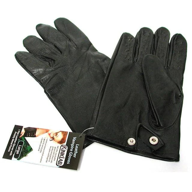 Black medium leather vampire gloves with metal tipped fingertips and palm grips for sensory play.