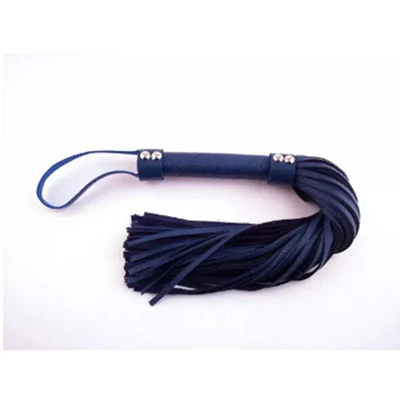 Rouge H-Style Leather Flogger Blue with high-quality leather handle and flowing tails.