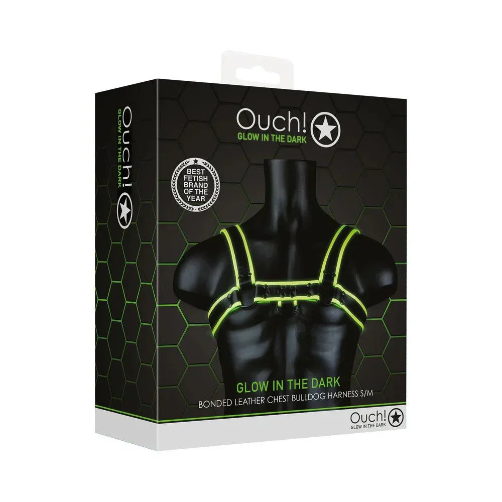 Glow in the dark bonded leather chest bulldog harness in neon green S/M on black mannequin with hexagon pattern packaging