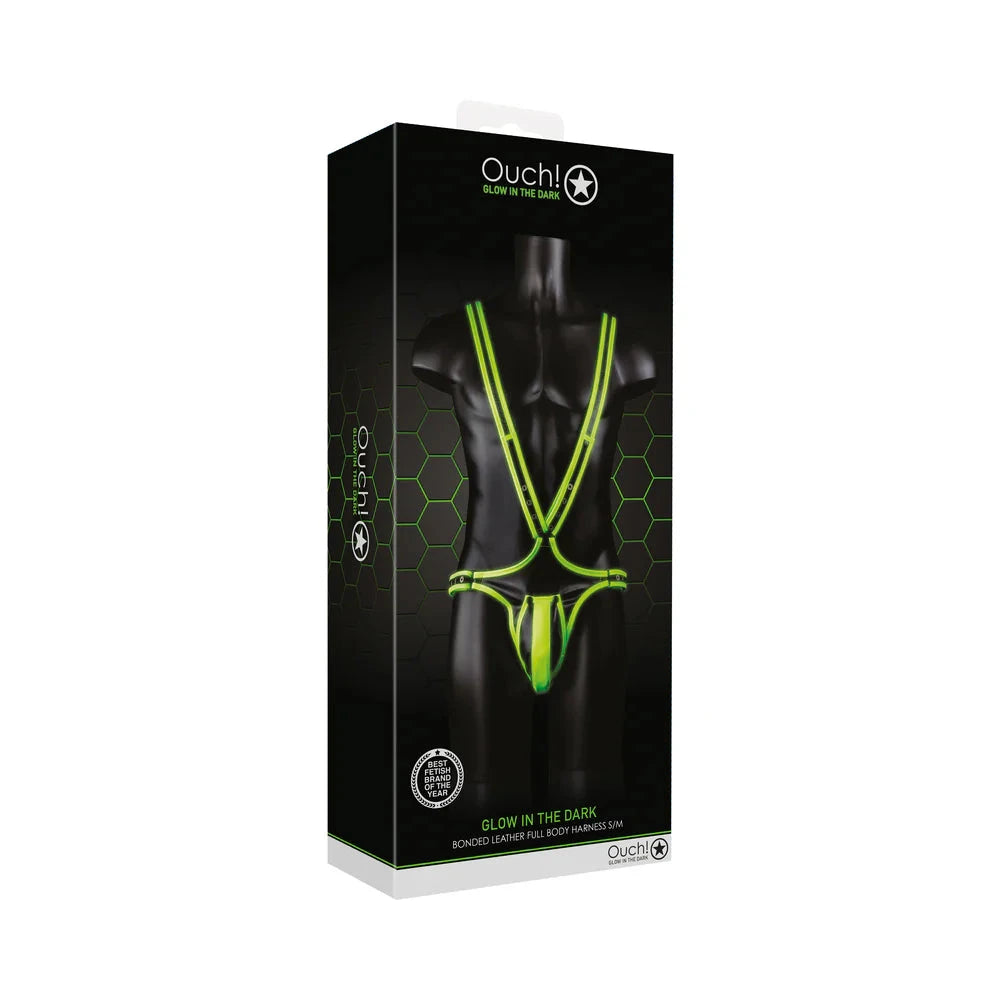 Ouch! Glow in the Dark Bonded Leather Full-Body Harness Neon Green S/M by Apparel