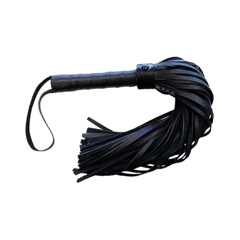 Rouge Long Leather Flogger Black with Black Accessories by Bondage & Fetish Toys