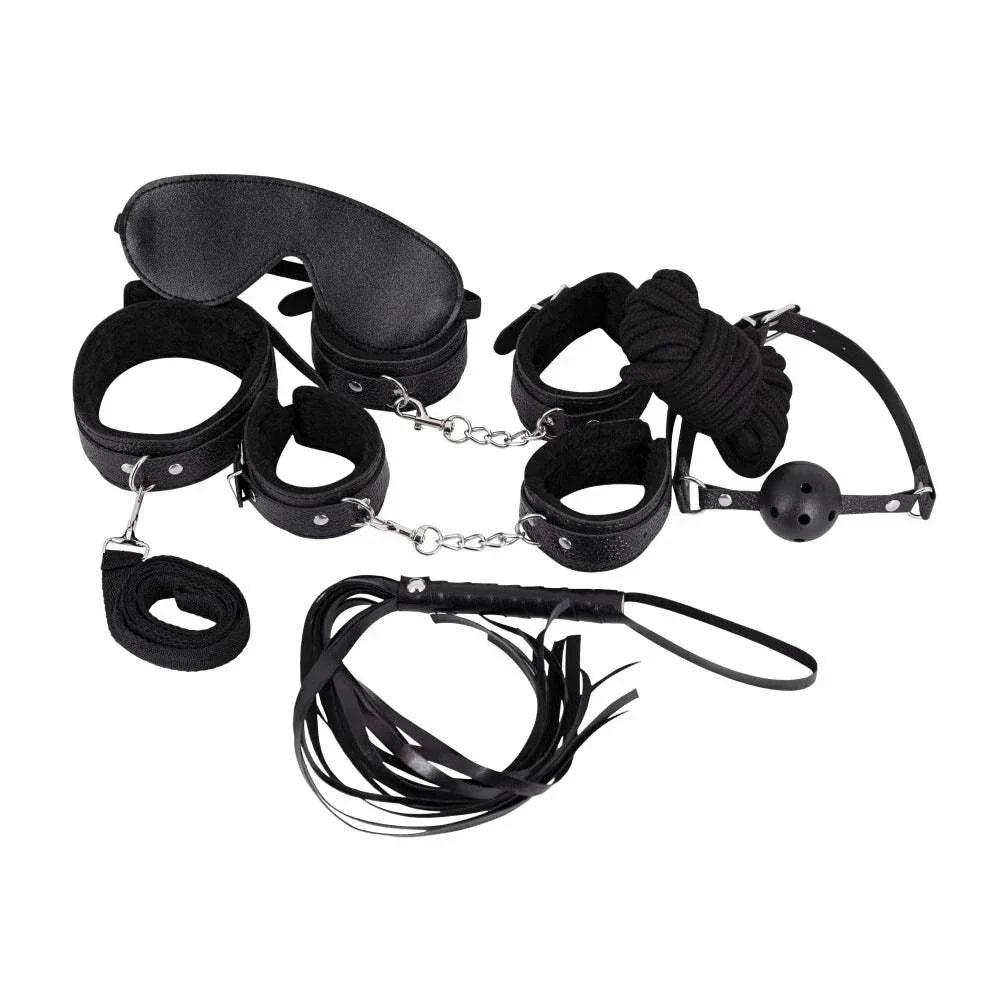 Male Power Leather 7-Pack Lite Bondage Set with faux fur lined collar, wrist and ankle cuffs, gag ball, whip, rope, and eye shade in black