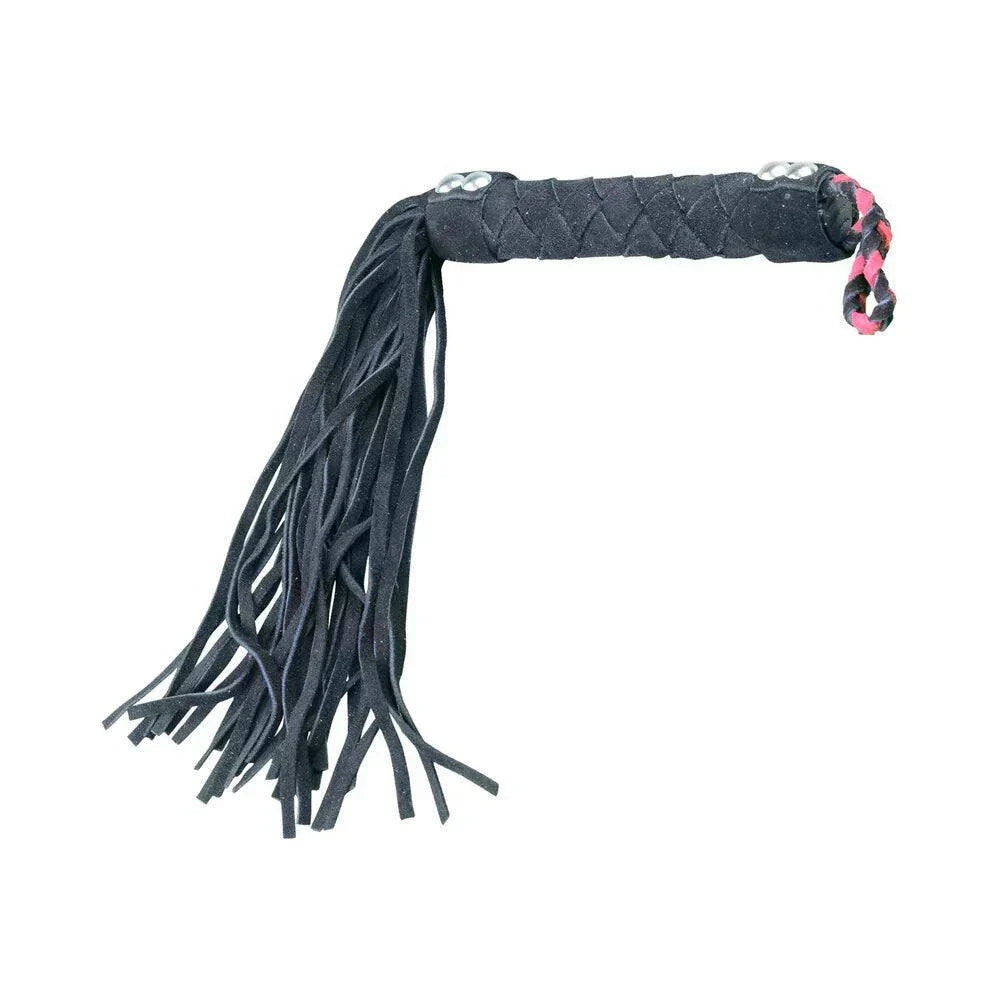 Black suede leather flogger with 15.5-inch length, woven handle, and braided wrist strap.