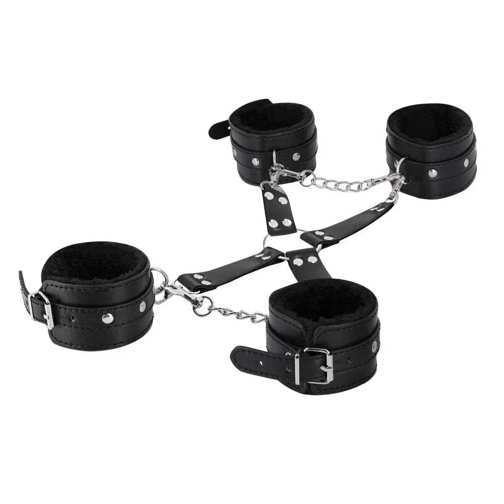 Male Power Leather All 4's Fuzzy Cuff Set with adjustable faux fur lined wrist and ankle cuffs, detachable leather straps and metal chains in black