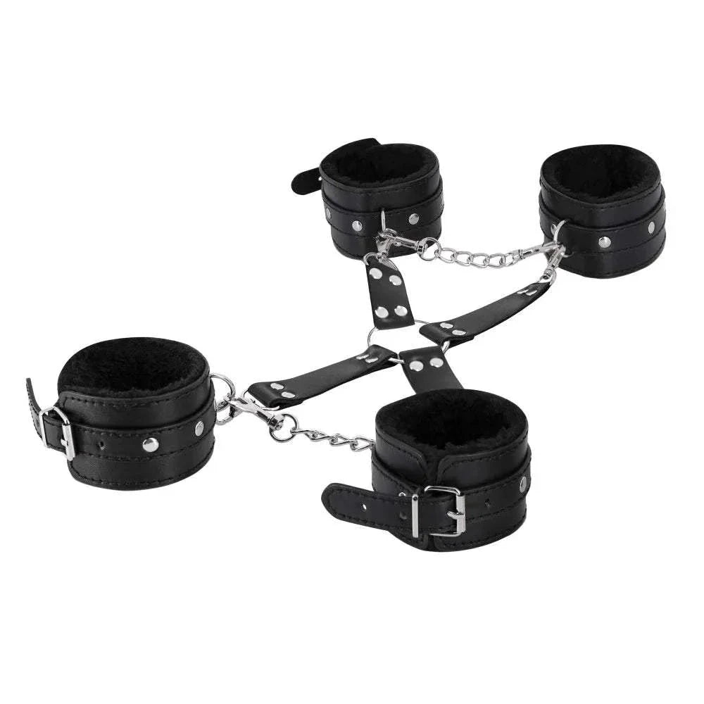 Male Power Leather All 4's Fuzzy Cuff Set Black by Bondage & Fetish Toys