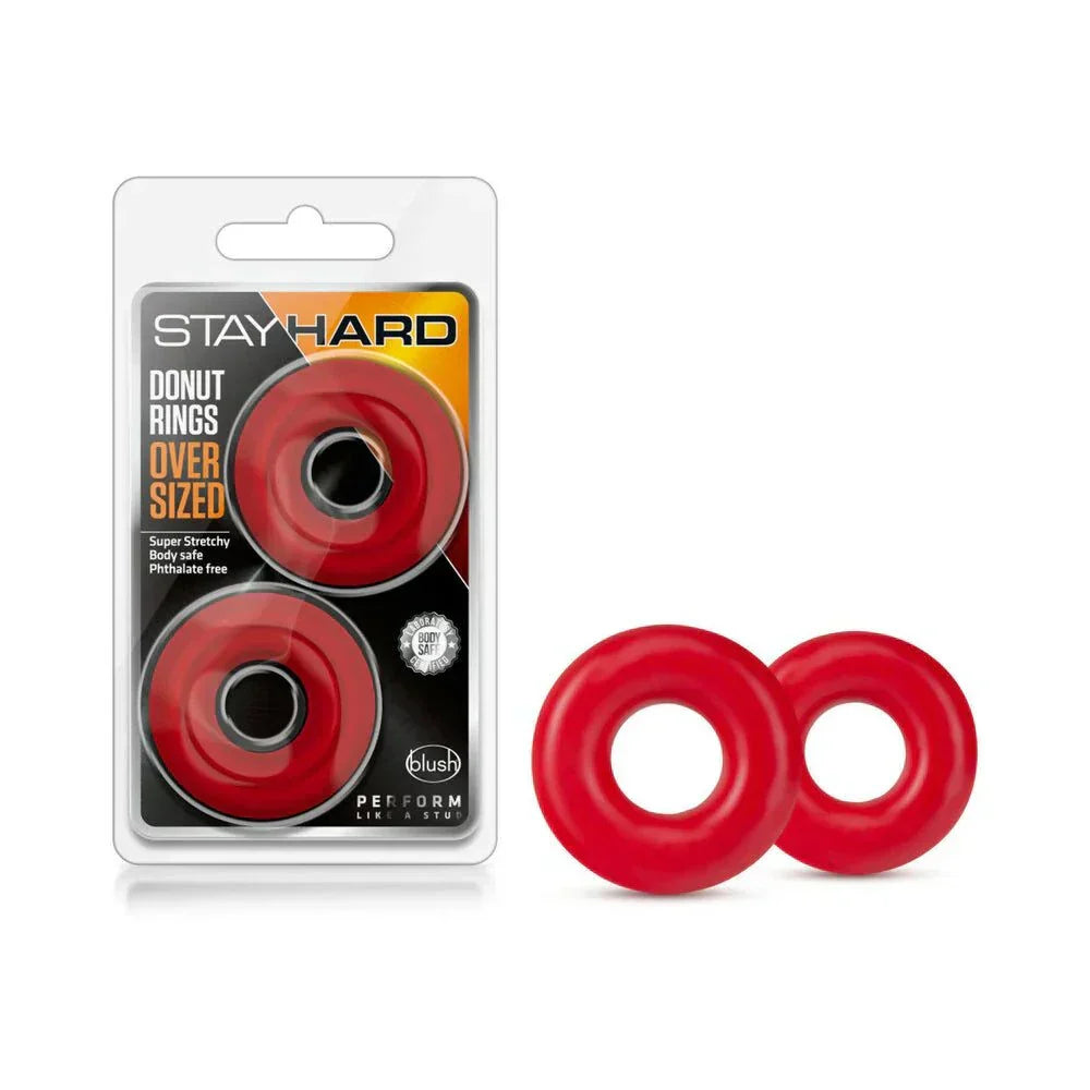 Stay Hard Donut Rings oversized red cockring 2-pack made of stretchy Elastomer for longer, harder erections and increased stamina