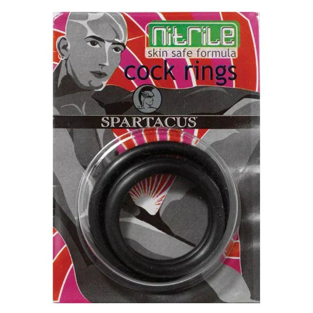 Nitrile Cock Ring Set Black3 skin-safe flexible black rings in three sizes packed in clear blister with Spartacus branding