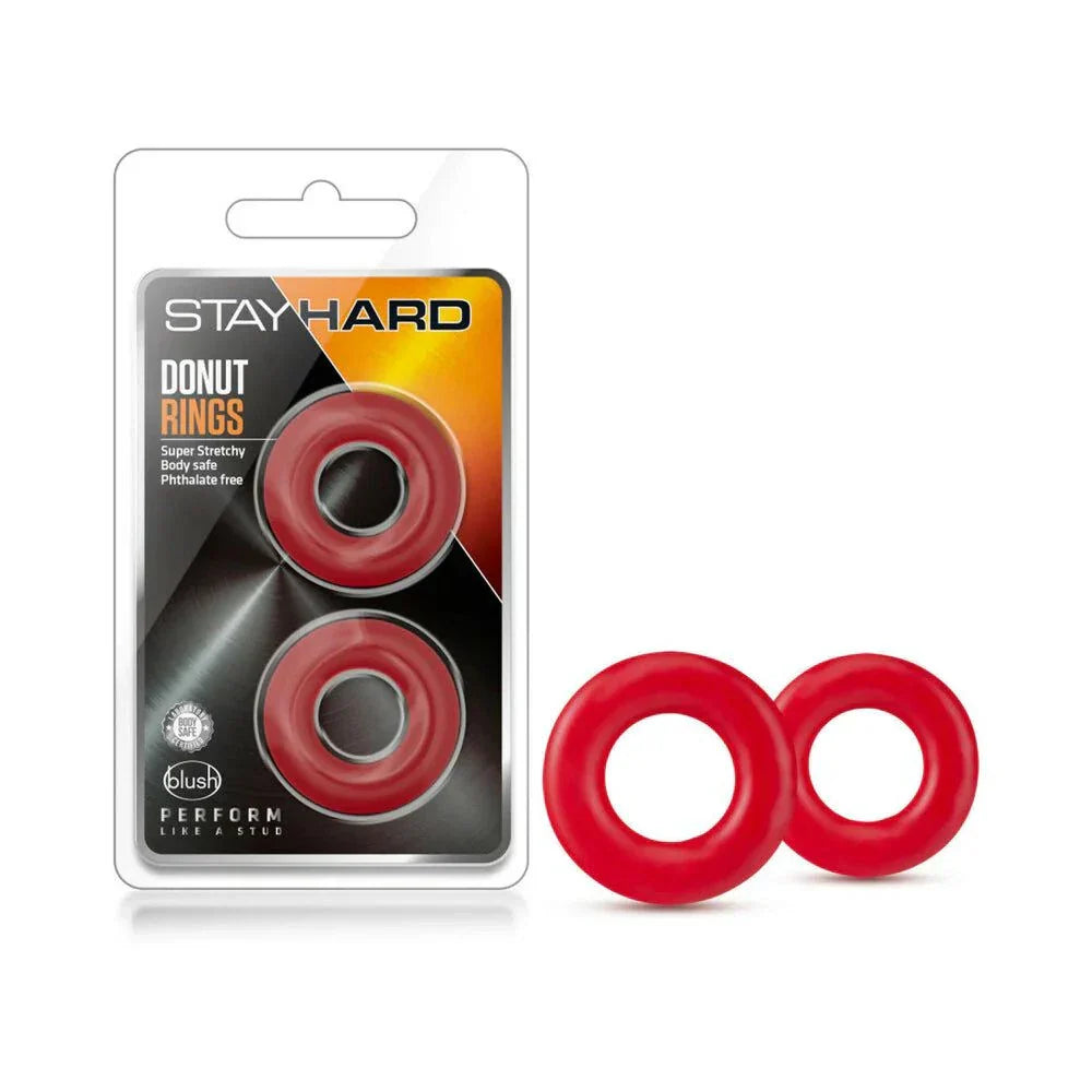 Stay Hard Donut Rings 2-pack red stretchy cock rings for stronger, longer performance made of premium phthalate-free TPE.