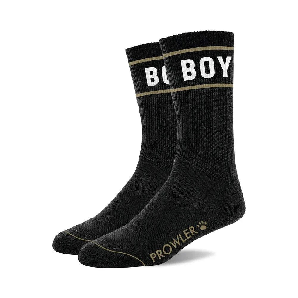 Black Prowler RED Collection men's novelty socks with "BOY" text and contrasting stripes
