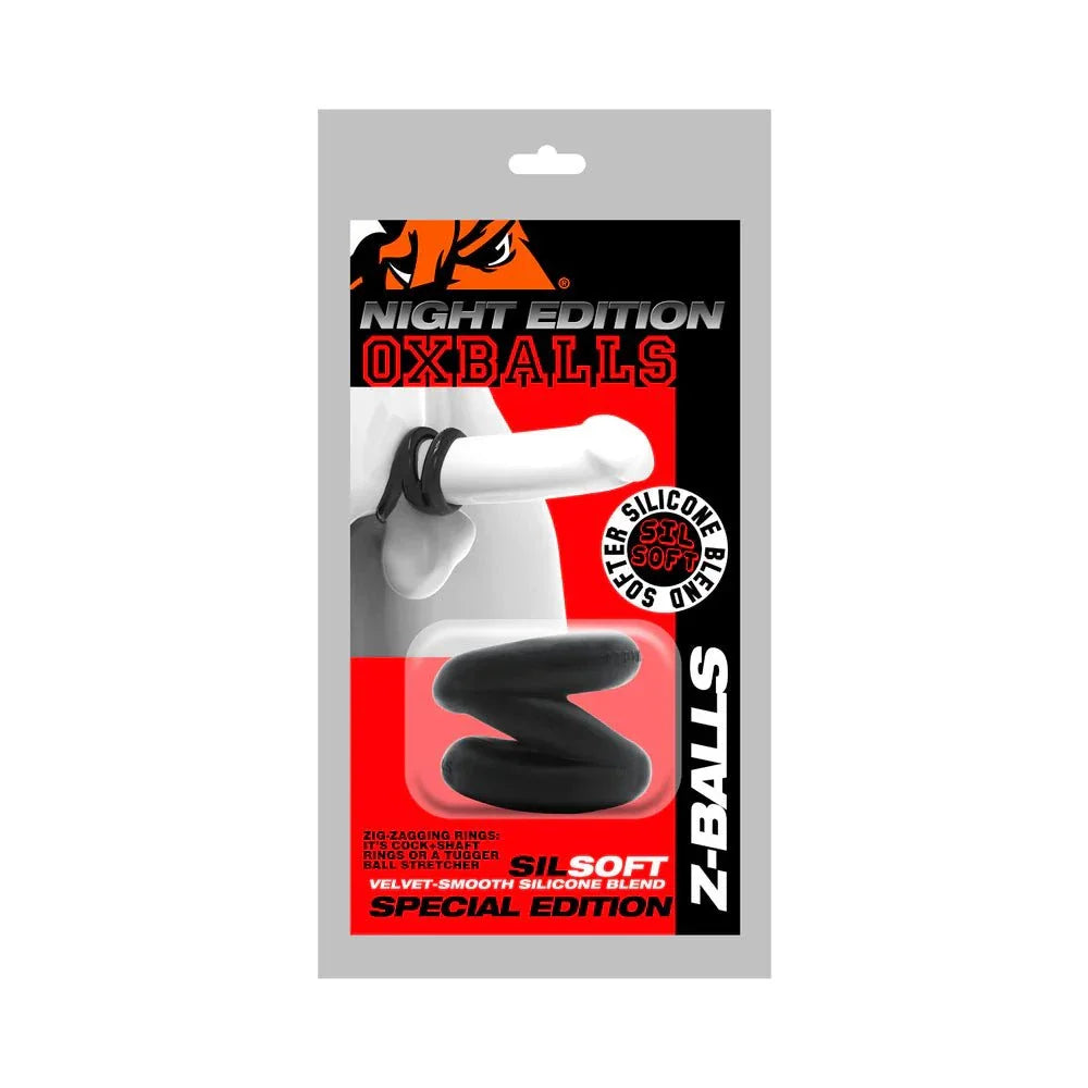 Oxballs Z-Balls Zig-Zag Night Edition black silicone cockring and ballstretcher with soft velvet-smooth texture in special edition packaging