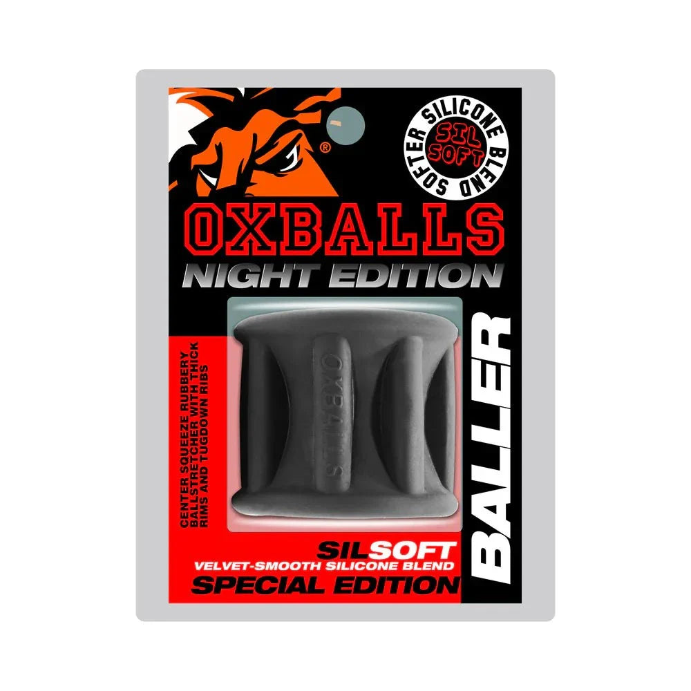 Oxballs Baller Night Edition ballstretcher in soft black silicone with ribbed design for maximum stretch and comfort