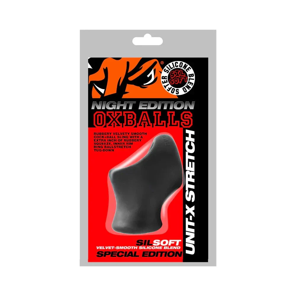 Oxballs Unit-X Night Edition black silicone blend ballstretch cocksling in retail packaging