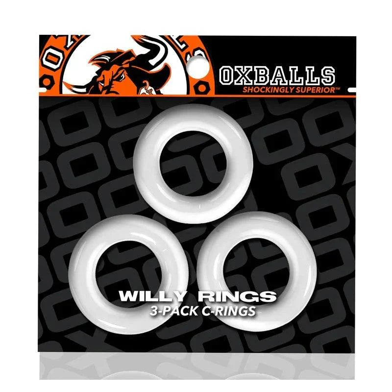 Oxballs Willy Rings 3-Pack Cockrings in package, durable stretchy silicone rings for men.