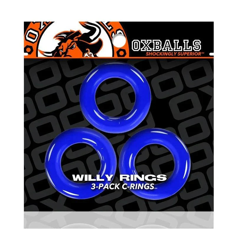 Oxballs Willy Rings 3-Pack Cockrings in blue, durable stretchy silicone rings for men.