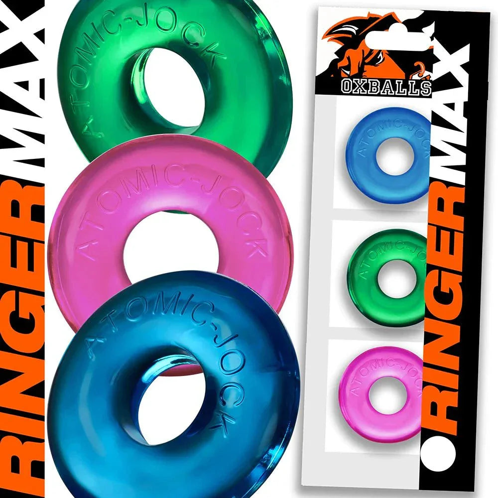 OxBalls Ringer Max 3-pack durable silicone rings in blue, green, and pink for enhanced comfort and performance.