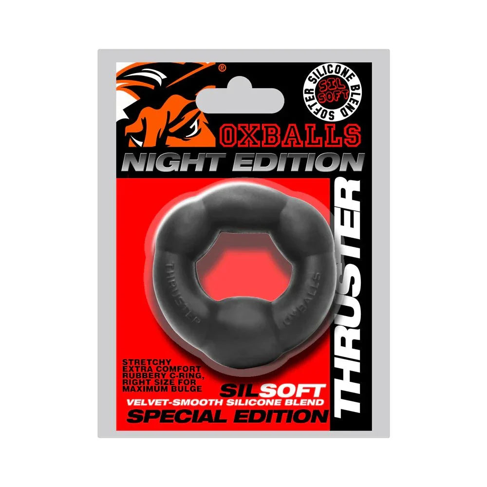 Oxballs Thruster Comfort Bulge soft silicone cockring in black Night Edition packaging