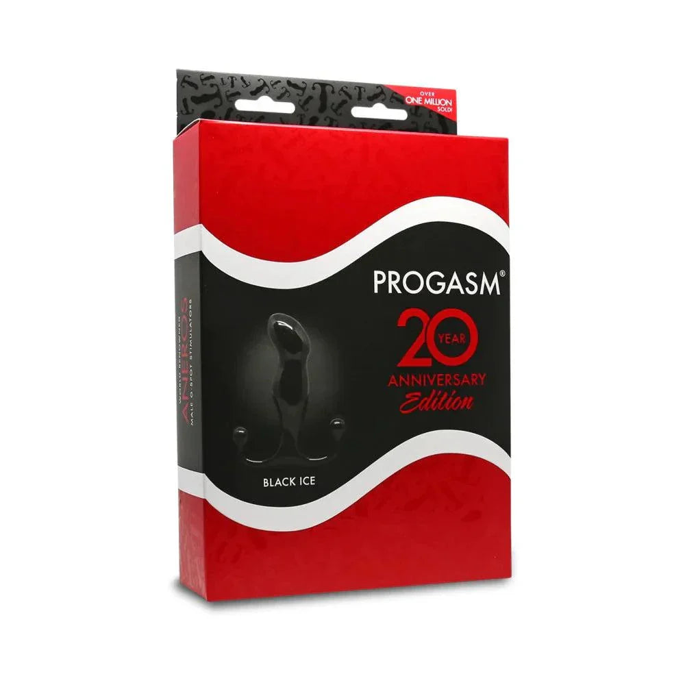 Packaging of Aneros Progasm Prostate Stimulator Black Ice 20 Year Anniversary Edition in red and black box
