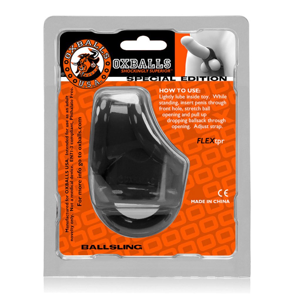 Oxballs Ballsling Cocksling in black packaging made of flexible material for ball stretching and support.
