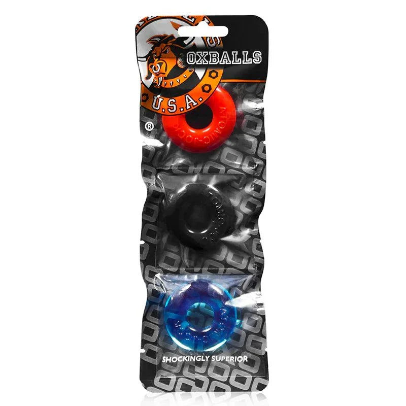 OxBalls Ringer 3-pack small multicolor jelly rings in red, black, and ice-blue, stretchy and durable