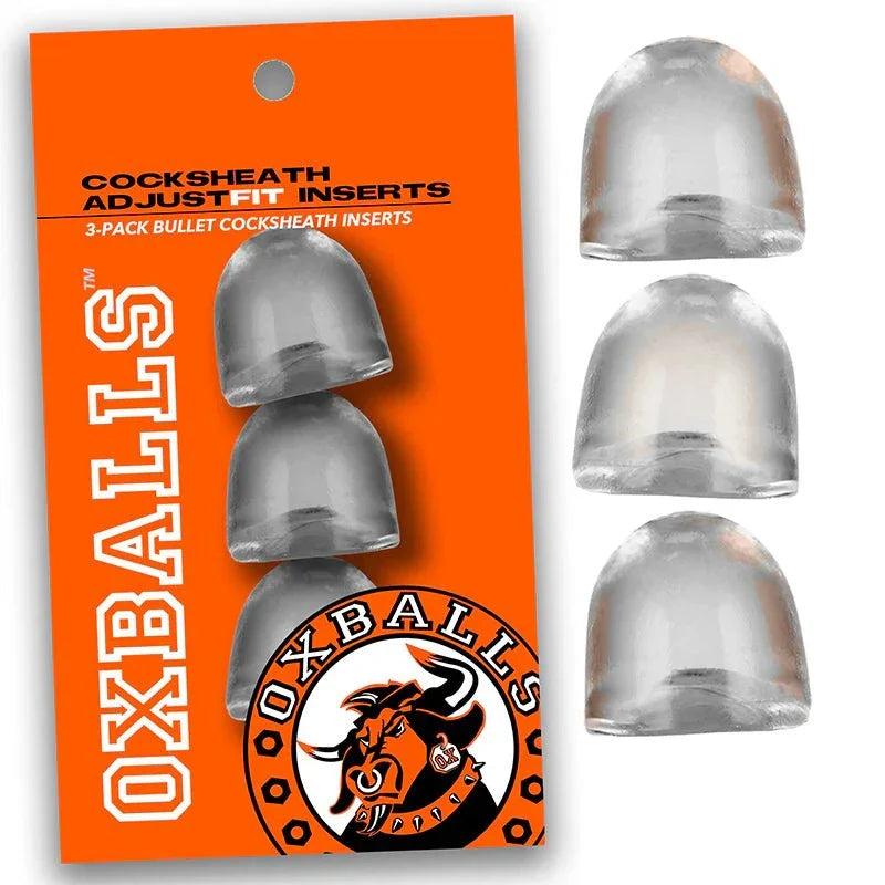 Clear OxBalls ADJUSTFIT INSERT 3-pack bullet-shaped cocksheath inserts for custom fit and firmness