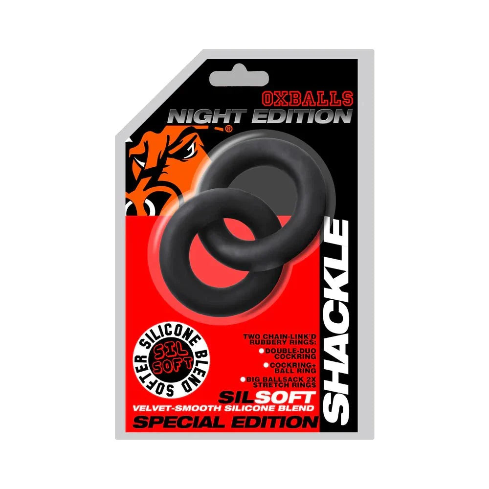 Oxballs Shackle Double Link'd cock and ball rings night edition in black silicone blend packaging