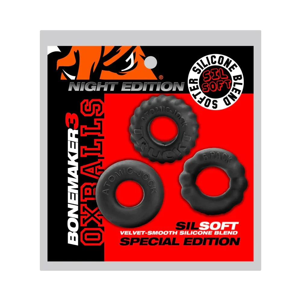 Bonemaker 3-pack velvet-smooth black silicone cockring kit night edition
