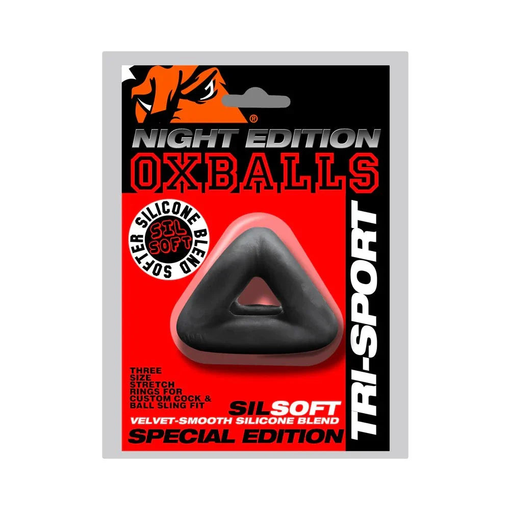Oxballs Tri-Sport Night Edition black three-ring silicone cock and ball sling in packaging