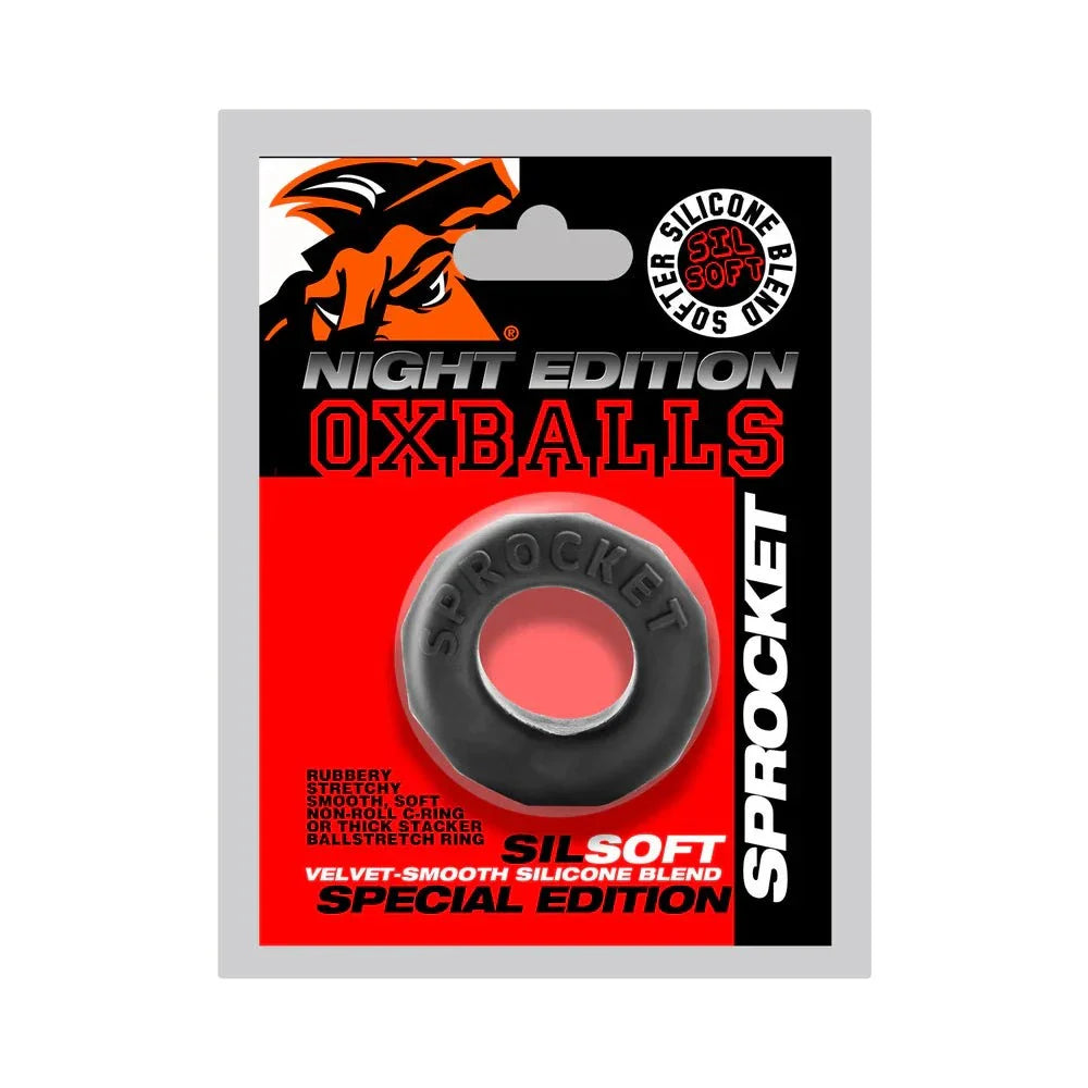 Oxballs Sprocket Comfort No-Roll Cockring in black velvet-smooth silicone blend, special edition packaging.