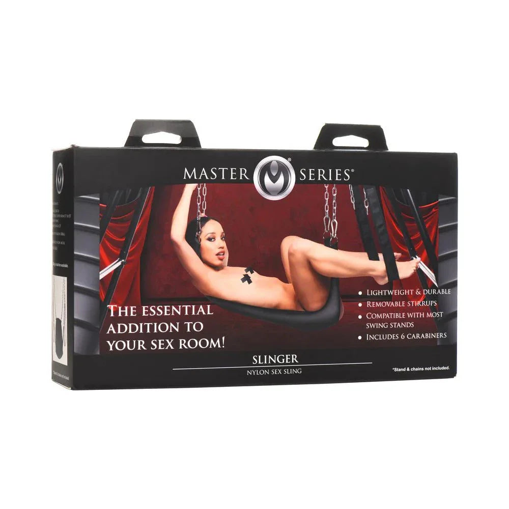 Master Series Slinger nylon sex sling with removable stirrups and six carabiners, lightweight and durable for versatile intimate experiences.