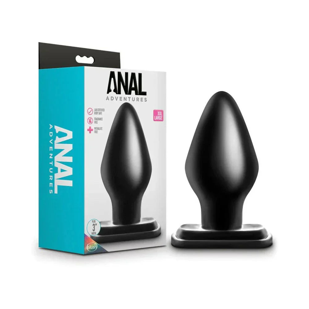Anal Adventures XXL black silicone tapered anal plug with wide base and packaging box