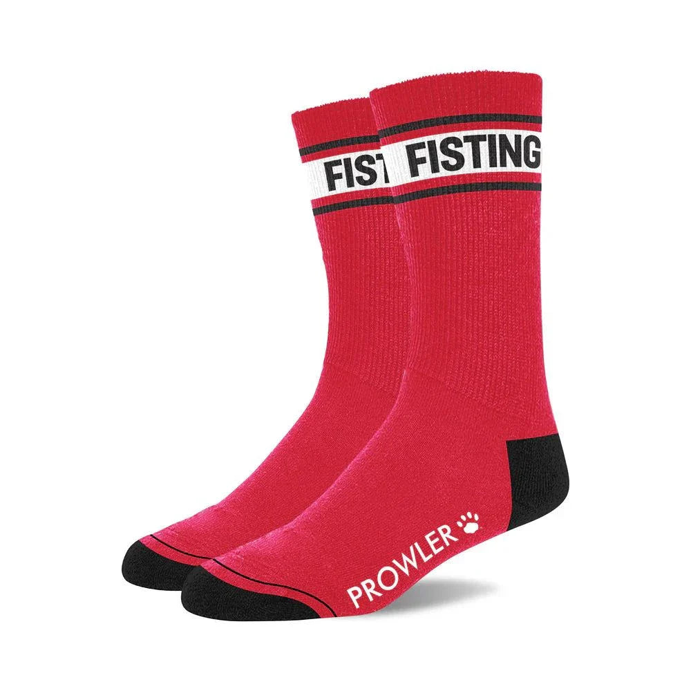 Prowler RED Collection men's red novelty socks with black toes and heels, breathable cotton blend, and bold typography design.