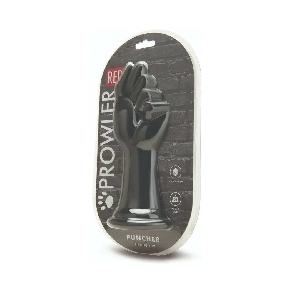 Prowler RED Puncher black fisting dildo in hand shape with flared base packaging