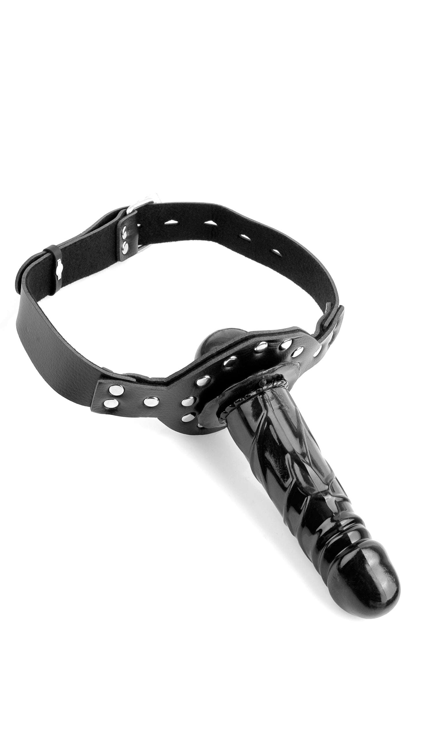 Fetish Fantasy Deluxe Ball Gag with black leather straps and attached realistic dildo for bondage play