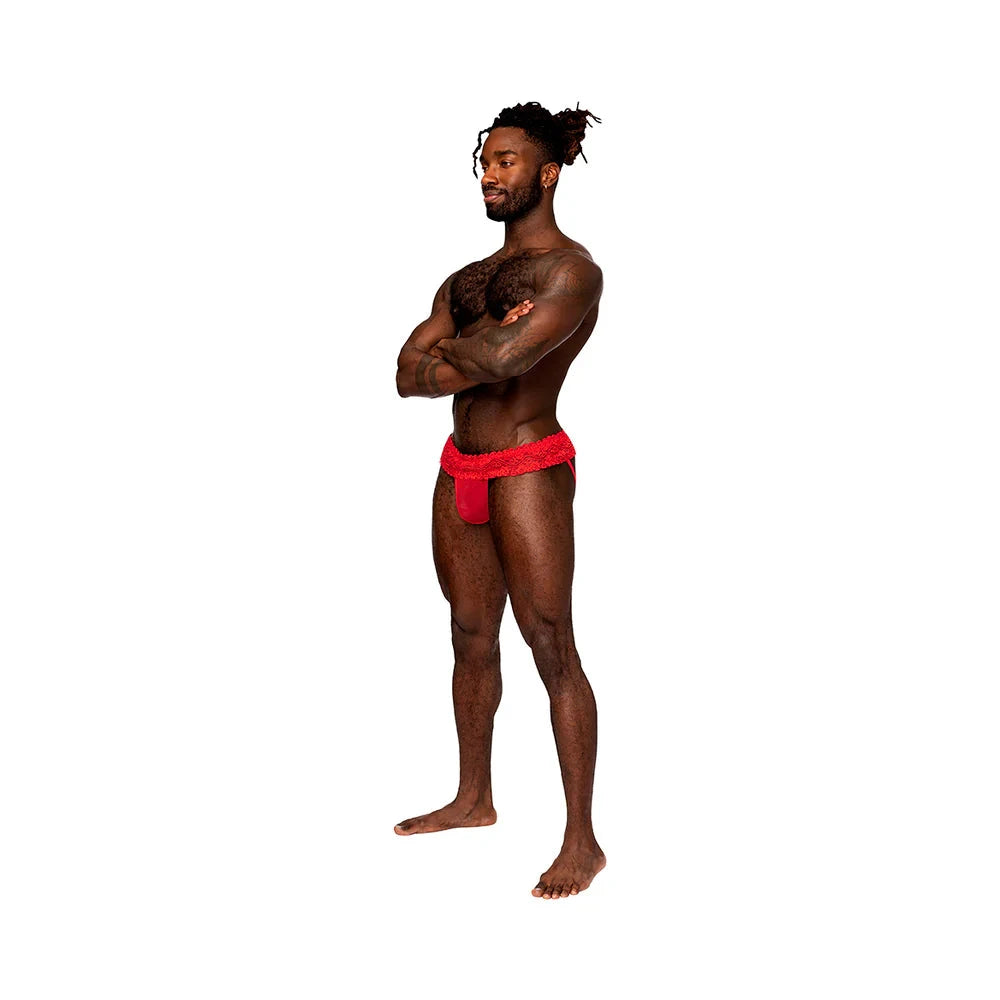 Male Power Sassy Lace Skirt Jock Red L/XL by Apparel