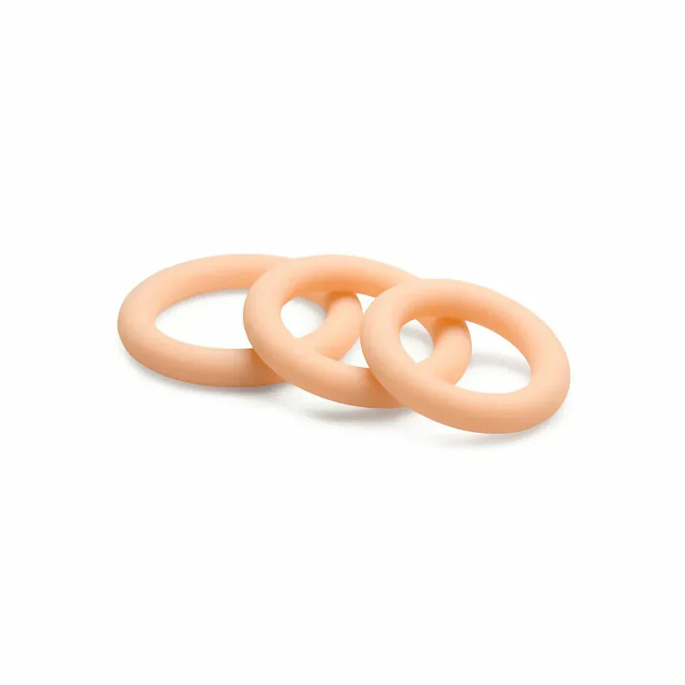 Set of three light skin tone Jock Silicone Cock Rings in graduated sizes made of silky soft premium silicone