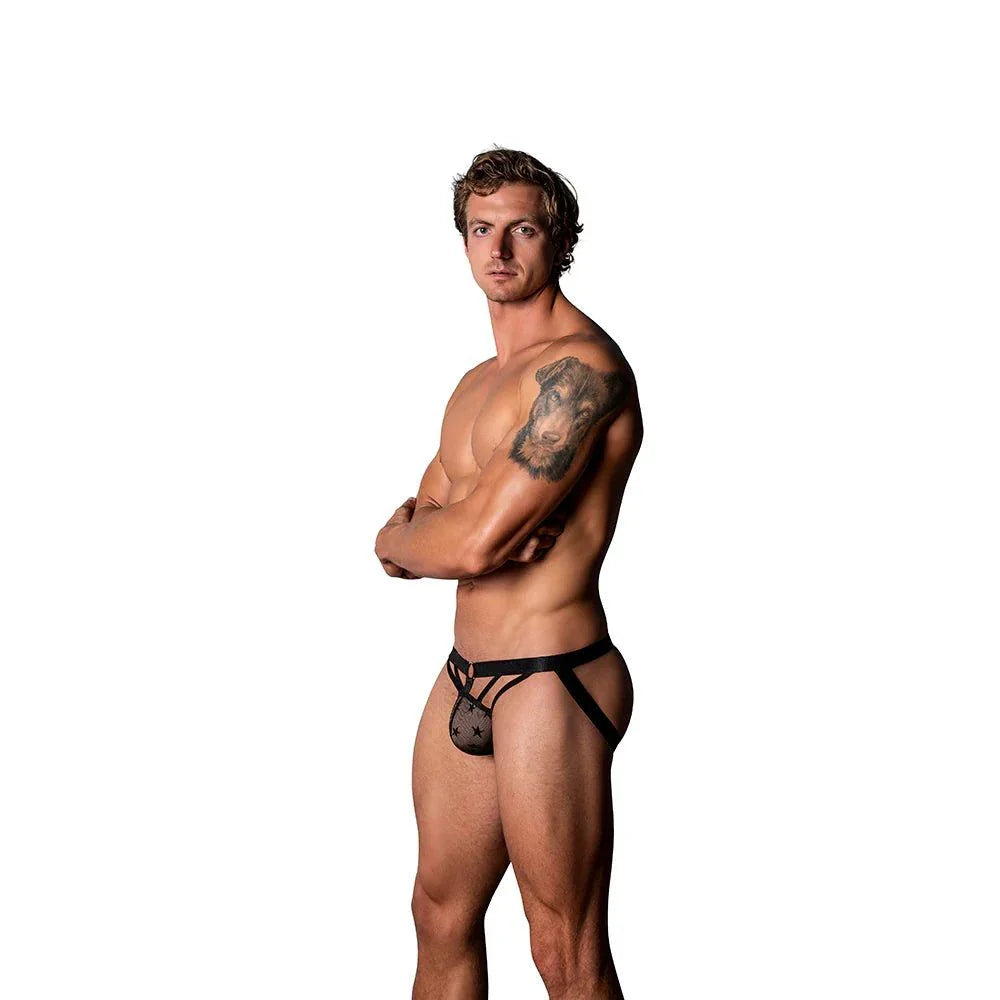 Male model wearing black Male Power Love Star Jock with ring and strappy design S/M size