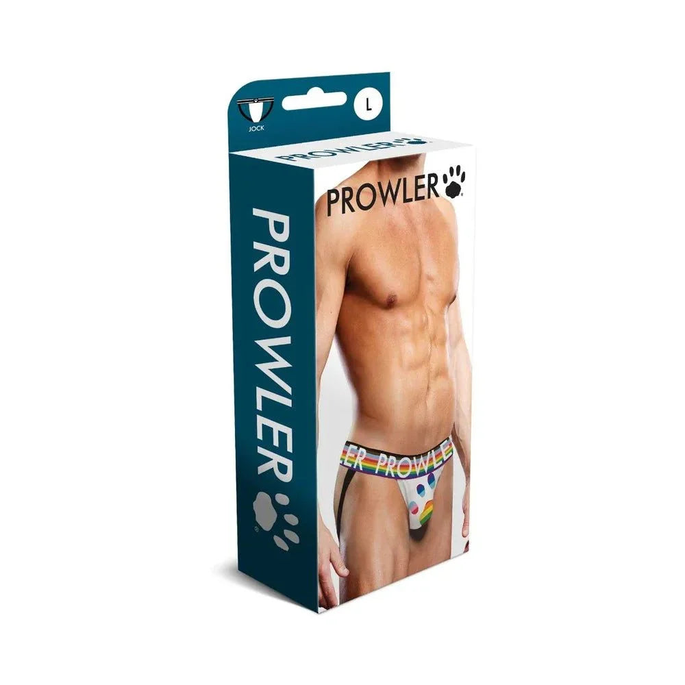 Prowler Oversized Paw jock strap in Progress Pride colors with paw print, men's underwear packaging.