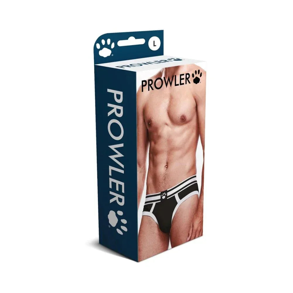 Prowler Briefs Performance Underwear for men in black and white, breathable and supportive briefs packaging with muscular male torso image.