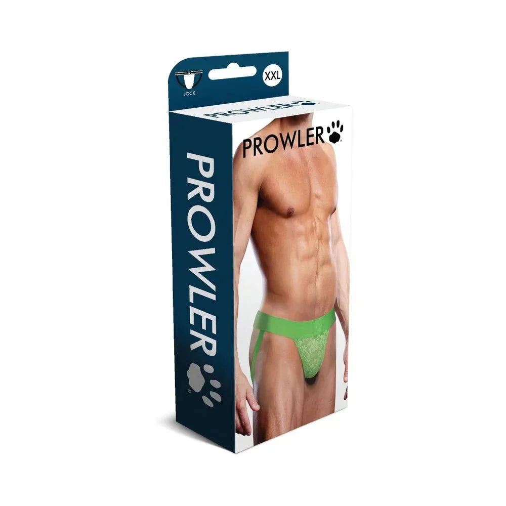 Prowler Lace Jock Strap packaging featuring a male model wearing a green lace jock strap with supportive elastic waistband and open-back design.