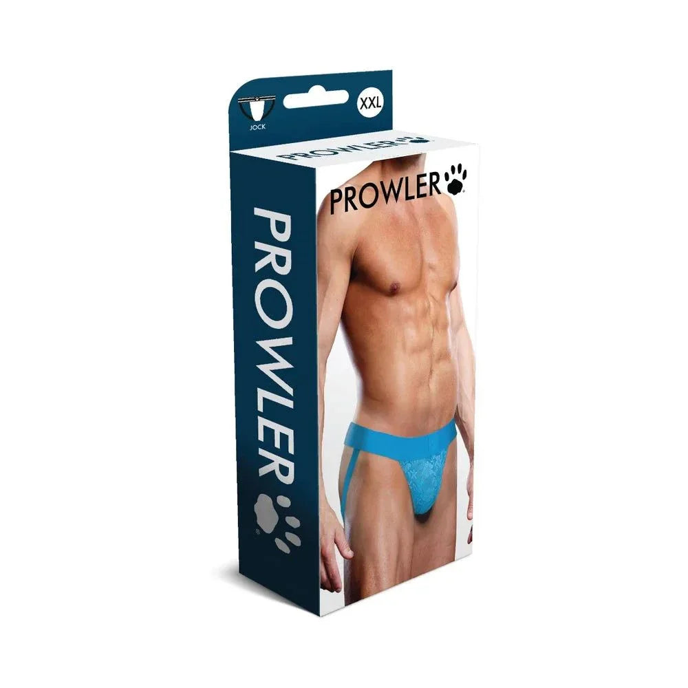 Prowler Lace Jock Strap packaging featuring a muscular male model wearing a blue lace jock strap in XXL size