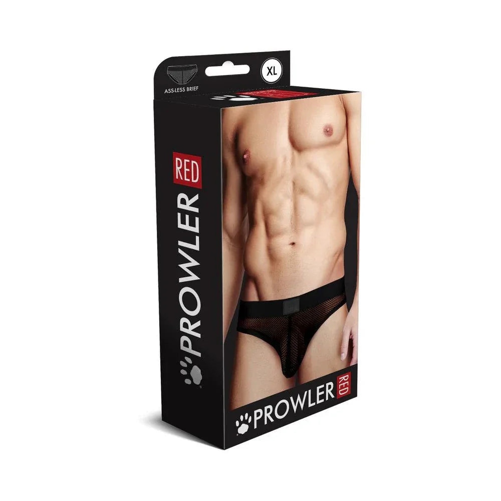 Prowler RED Fishnet Assless Brief black XL packaging with male model wearing fishnet assless briefs