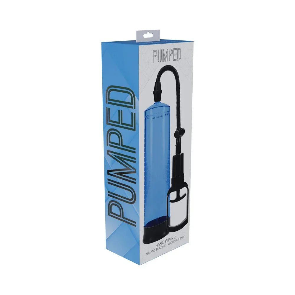 Pumped Basic Pump 2 water resistant blue vacuum erection device in packaging for erectile dysfunction support