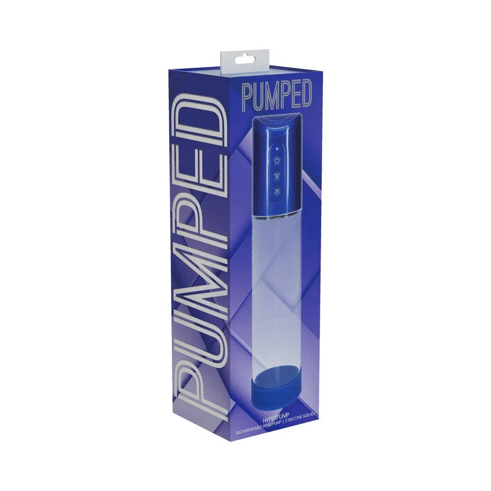 PUMPED HyperPump Automatic Metallic Blue penile enhancement device in sleek packaging with digital controls and splashproof design