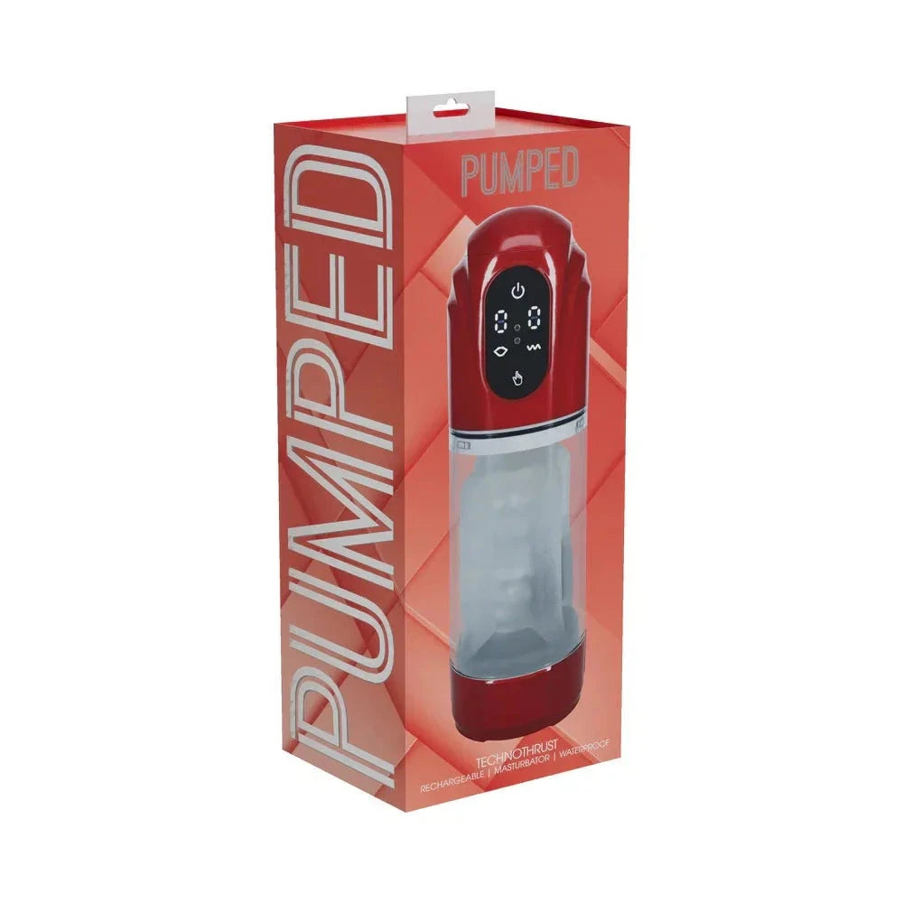 PUMPED TechnoThrust Automatic Masturbator in metallic red with digital controls, waterproof and rechargeable design